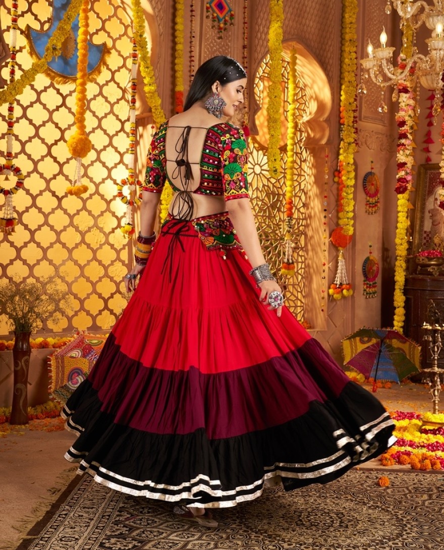 11022 - Delicate Red Mirror Work Navratri Wear Lehenga Choli With Dupatta